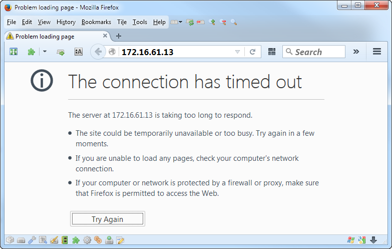 A web browser attempting to access a printers web-interface and returning timed out error.